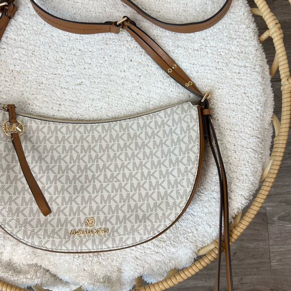 Michael Kors Half Moon White Monogrammed Leather Tassel Side Body Purse - Picture 6 of 11